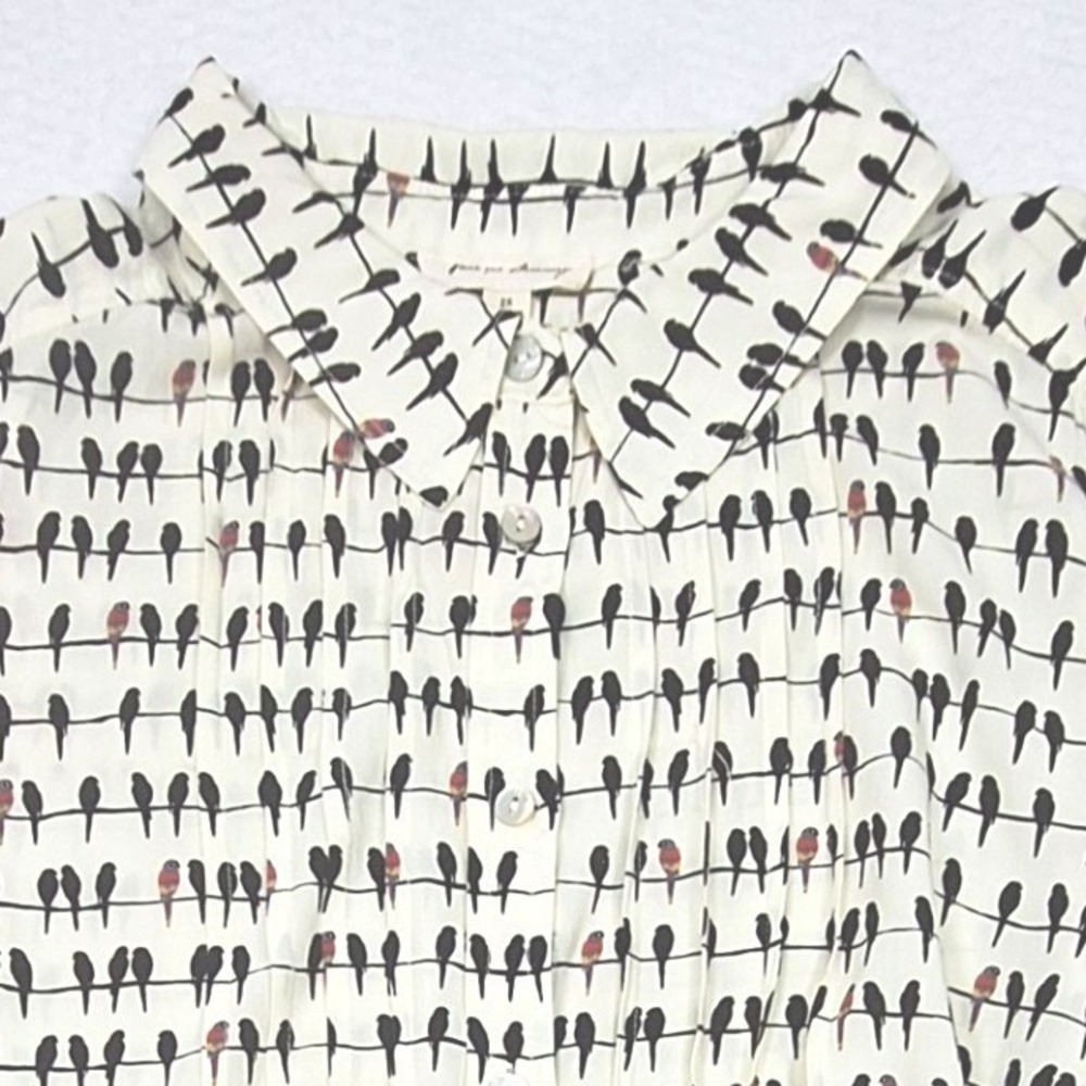 Jane + Delancey Blouse Womens 2X Cream Bird Print Roll Tab Button Up Flowy